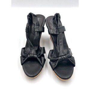 NWOT size 9.5 Johnston & Murphy Womens Black Leather Bow Wedge Sandals w/Cork He